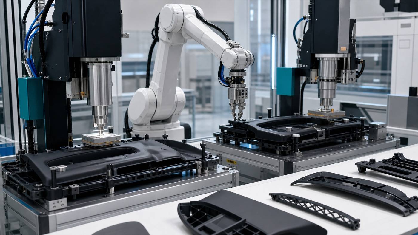 AI 生成示意图:非品牌塑料焊接与自动化工艺场景