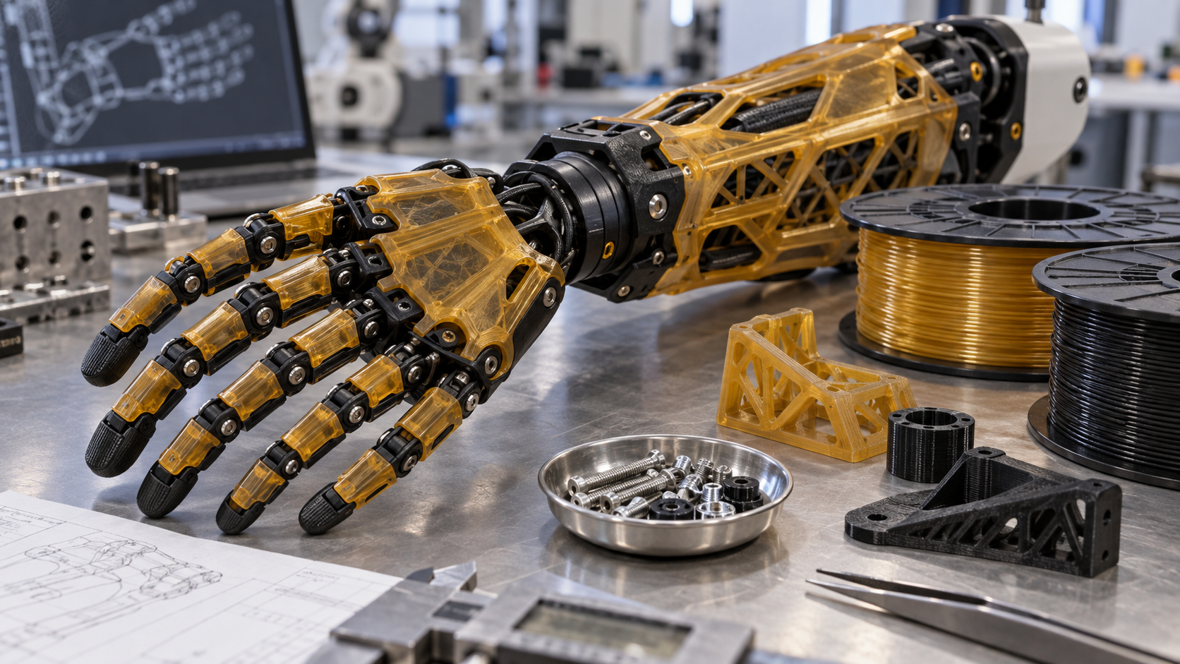 AI 生成示意图:LCP 3D 打印部件用于轻量化机器人手臂