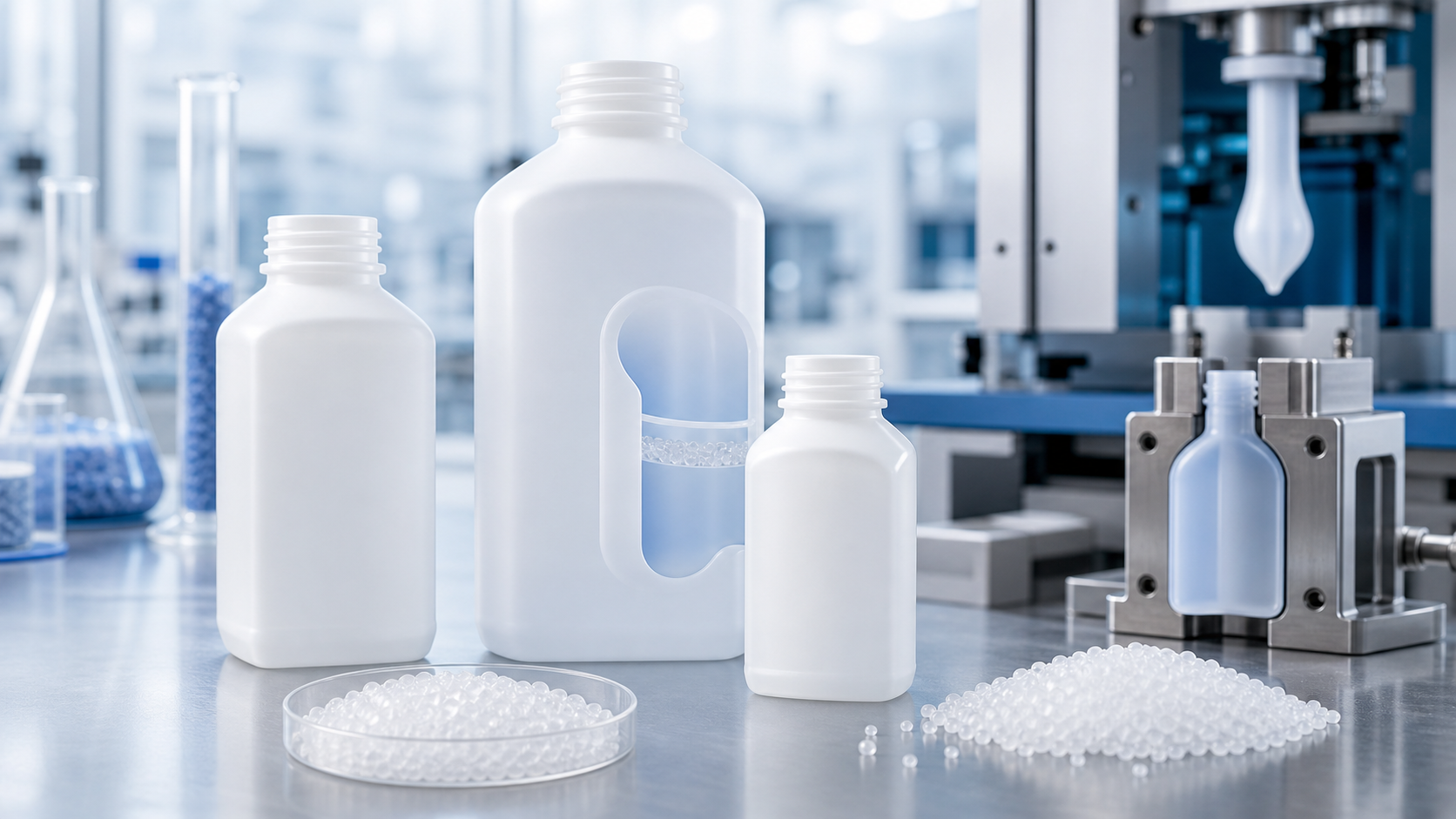 AI 生成示意图:非 PFAS 阻隔添加剂用于 HDPE 瓶包装