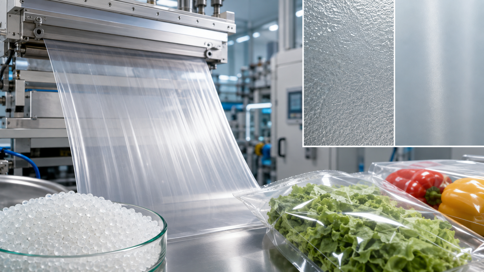 AI 生成示意图:PFAS-free 聚烯烃薄膜挤出加工助剂改善表面质量