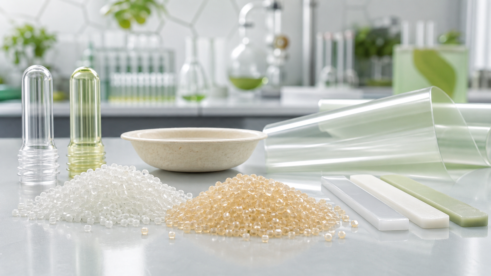 AI 生成示意图：PHA 与 PEF 生物塑料粒子、膜材和瓶坯应用